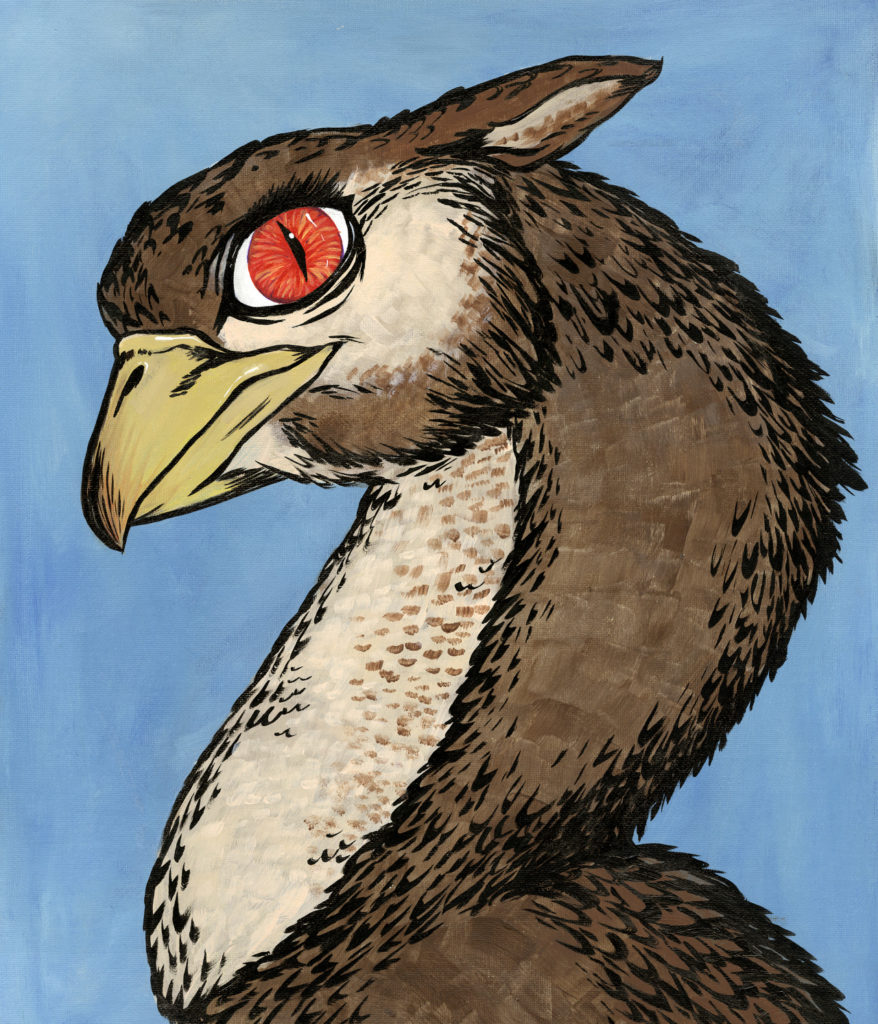 A bird-headed creature painted on a blue background. It is painted in a mixture of acrylic paint and ink. Its amber, slitted eye looks out at the viewer