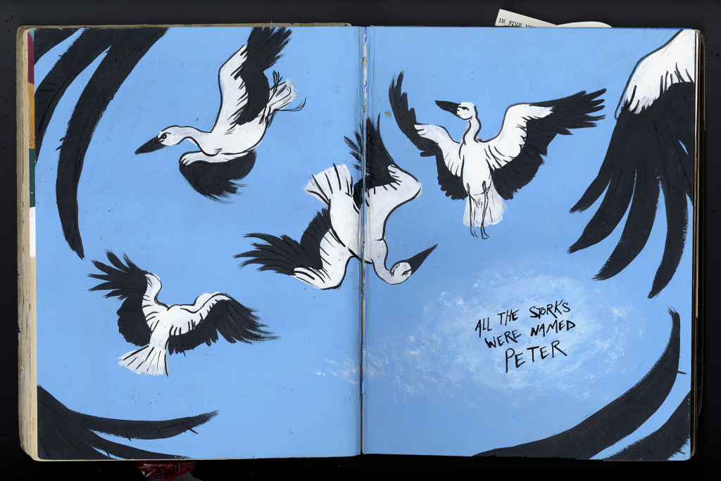 Two pages from a book, painted over entirely with a blue sky background. Several storks are flying, swirling around. A cloud-like text bubble in the lower left reads: All the storks were named Peter