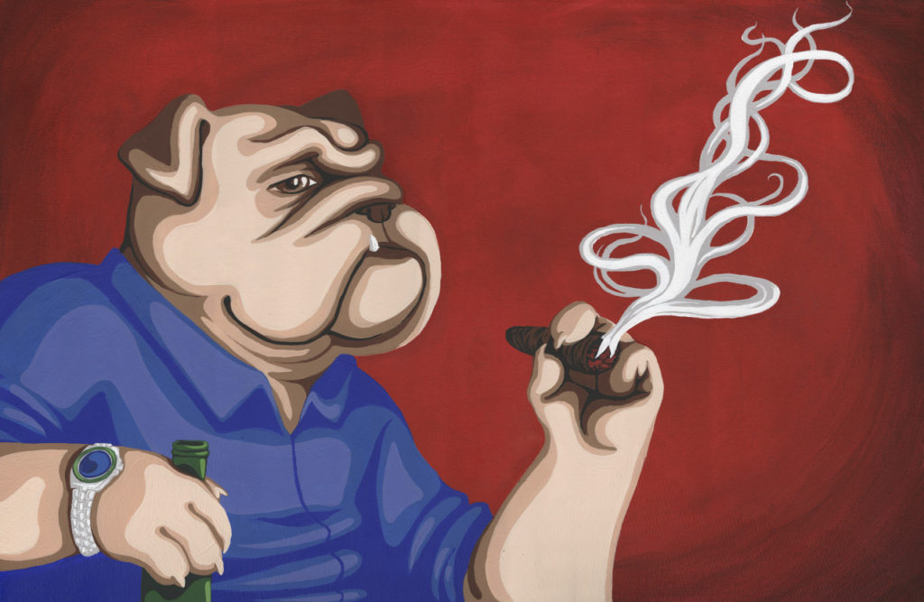 A bulldog with a human like body sits in a relaxed pose, a cigar in one hand and a beer bottle loosely held in the other. His eye is cast out at the viewer.