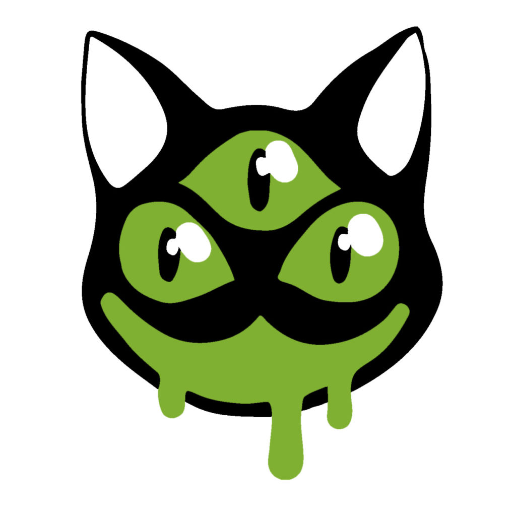 a stylized image of a black cat's head. It has three big green eyes, and its open mouth, while held in a wide grin, has green slime-drool oozing out.