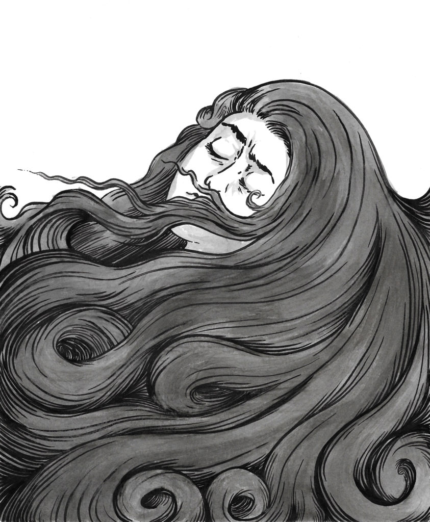 a girl's face is visible; she is asleep but has an occupied expression. She is surrounded and obscured by swirling swathes of her own hair.