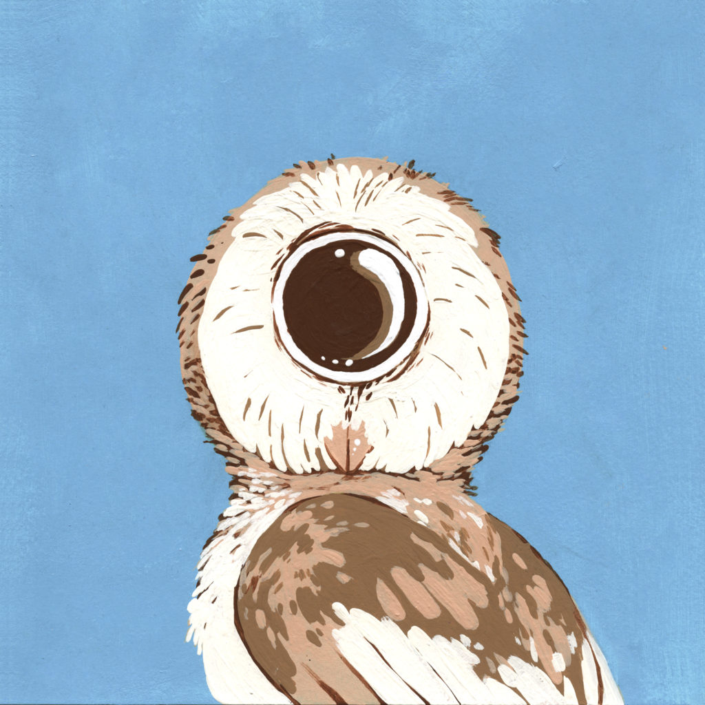 a one-eyed owl looks back over its shoulder at the viewer. Its coloration and mask are a loose interpretation of a barn owl