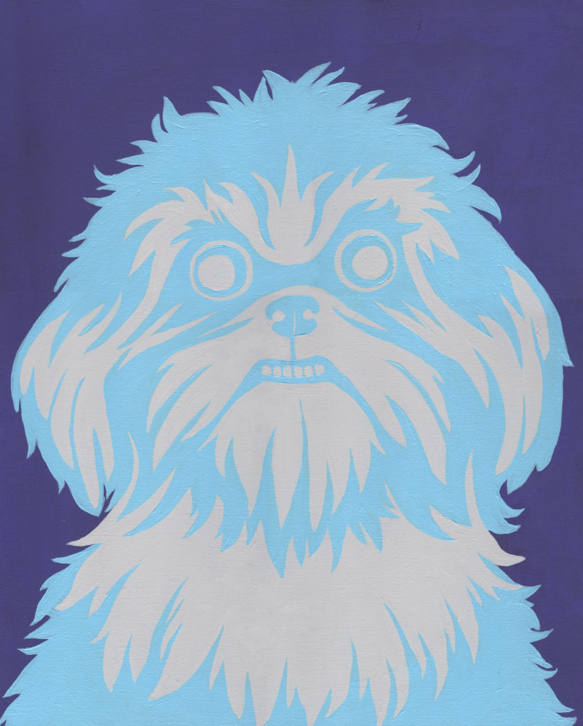 a heavily stylized shih tzu dog stares out, blankly, at the viewer. The colors and expression give a spaced out feel