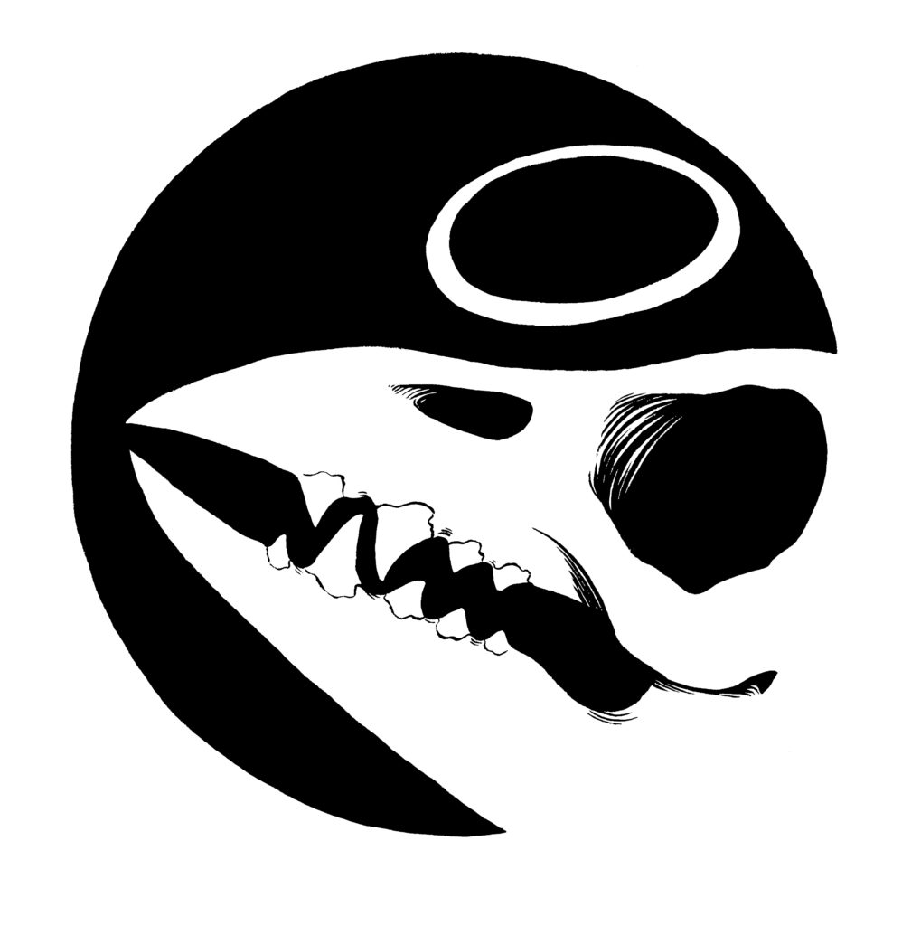 an image of a pterodactyl or birdlike skull on a black circle, with a cut-out like effect. There is also a small halo above the skull.