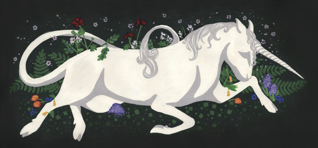 A unicorn lies in a dark green space, its minimalist expression still clearly a downcast one. It is surrounded by different flora, most of which have meanings in flower language that correlate to lost or unrequited love