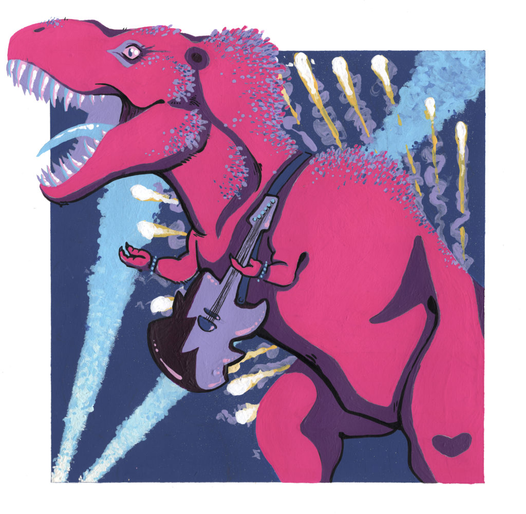 An image of a hot pink T rex, apparently at a sick rock concert. There are several pyrotechnics happening behind it in the square background, as well as two spot lights emitting from the lower left. It is posed both as if making a rock and roll hand salute (or as close as you can with two fingers), as well as if it is letting out a loud, bellowing roar