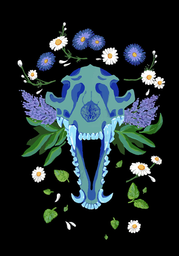 a blue-green coyote skull faces directly towards the viewer, mouth open wide. It is surrounded by different flora, which have meanings in flower language that correlate with soothing and healing